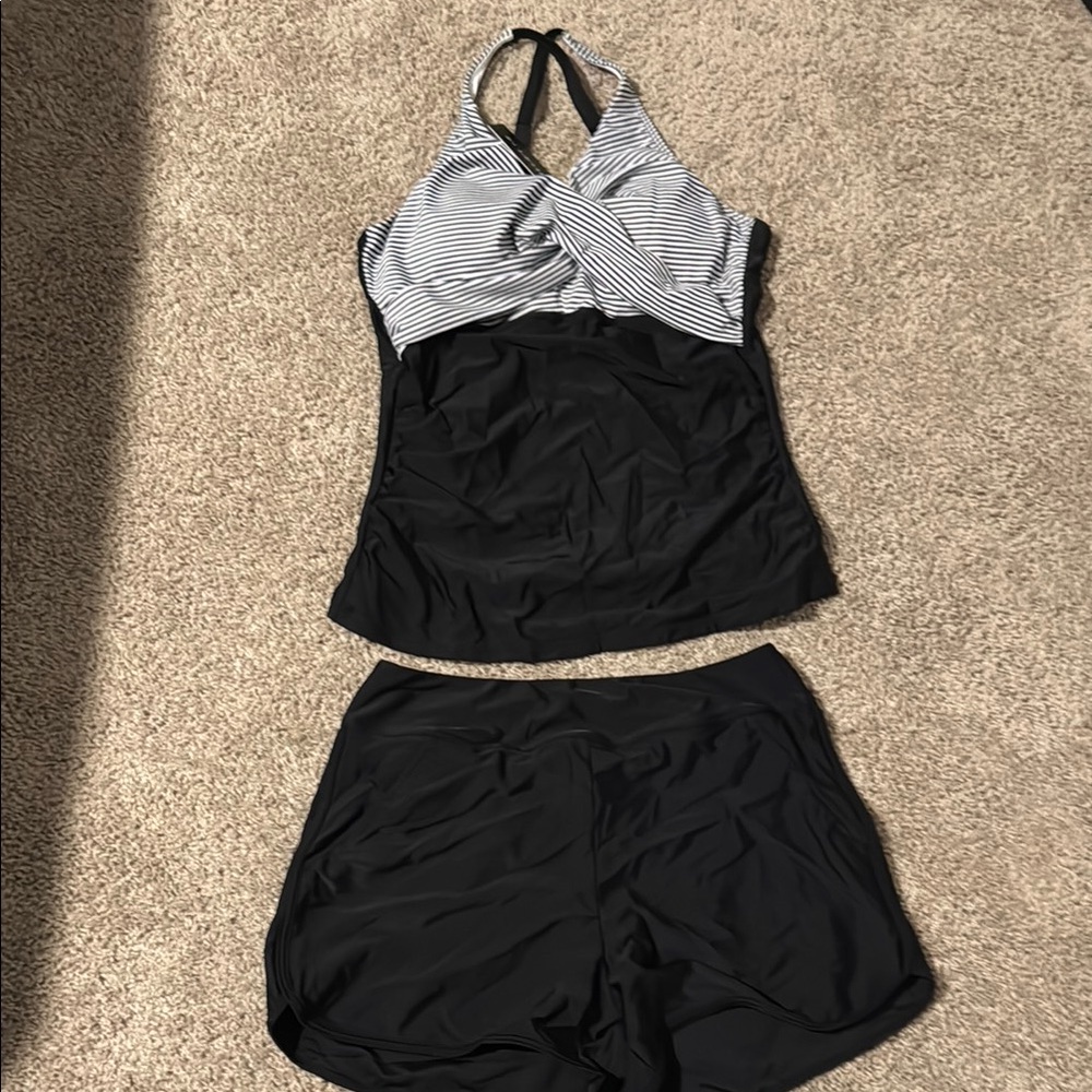 Black and White Halter Tankini Set